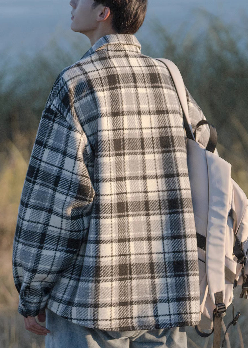 Spring Black Shirts Chic Pockets Plaid Coats Woolen Button Men