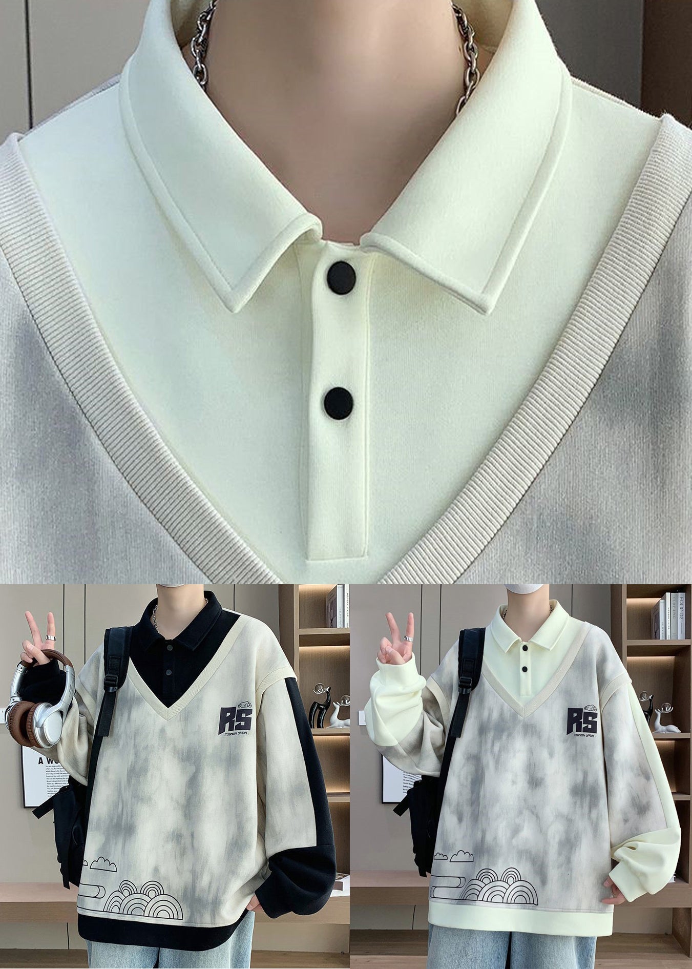 Patchwork Print Button Mens Spring Sweatshirts Chic Cotton Black