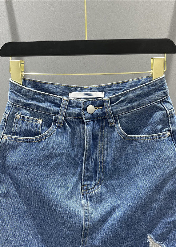 Hole Skirts Chic Tassel Asymmetrical Pockets Denim Blue