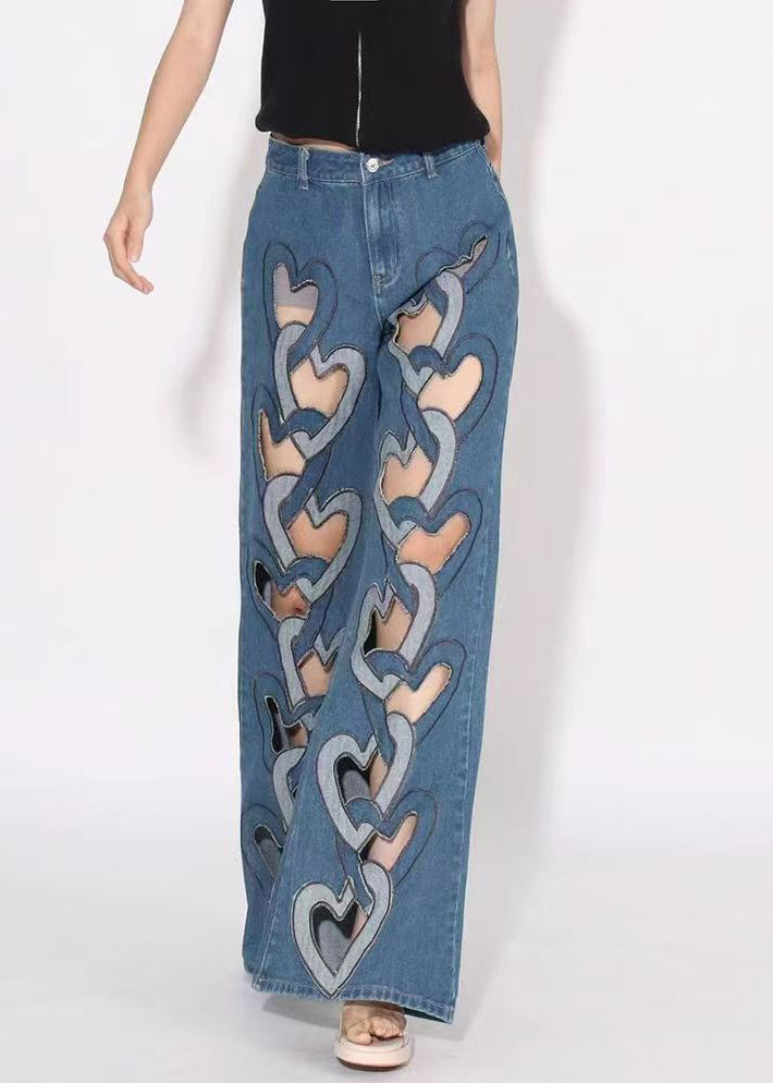 Blue High Denim Pants Spring Chic Hollow Out Waist
