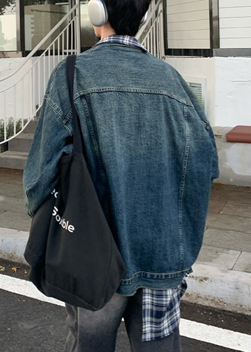 Plaid Coats Pockets Patchwork Mens Spring Blue Denim Chic