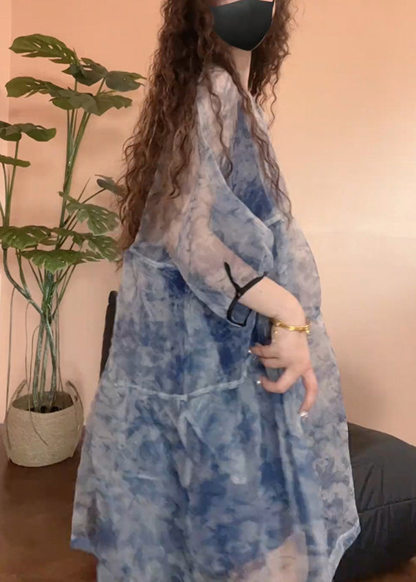 Chic Patchwork Blue Print Set Half Pieces Tulle Sleeve Two