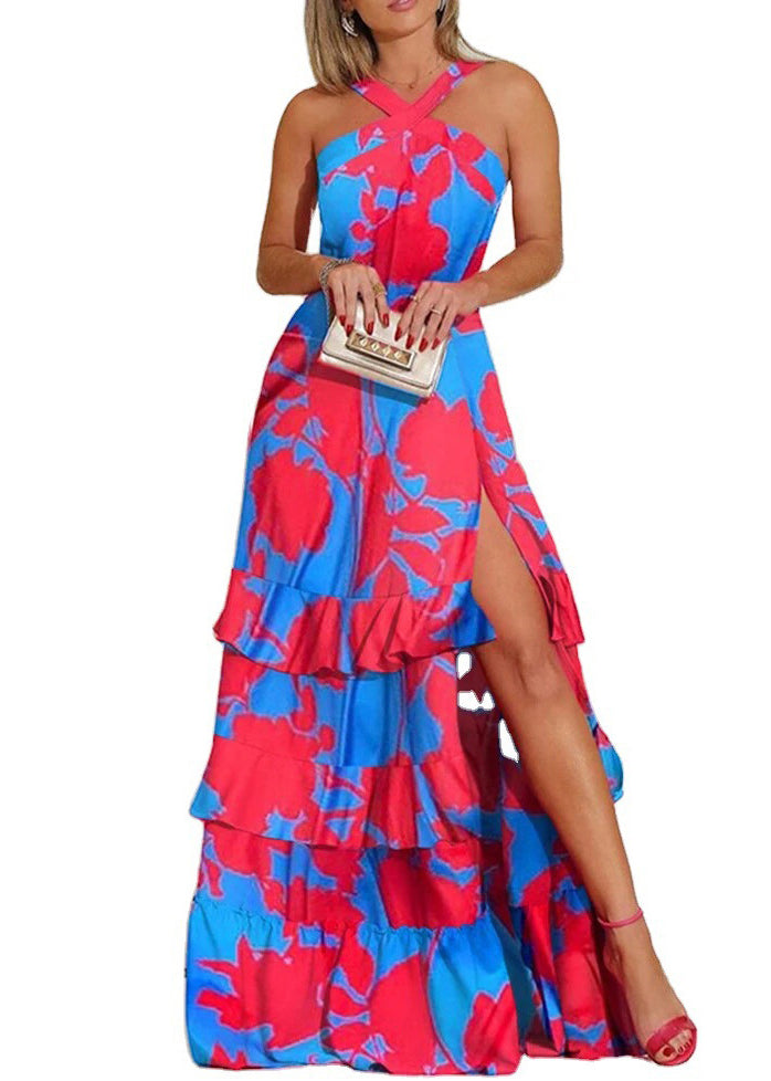 Schickes, seitlich offenes Knöchelkleid aus Baumwolle mit blauem Aufdruck, ärmellos, FF104