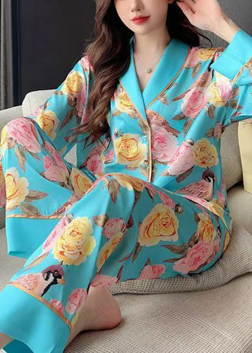 Chic Blue Roses Print Blouses And Pants Ice Silk Pajamas Two Pieces Set Spring YK021