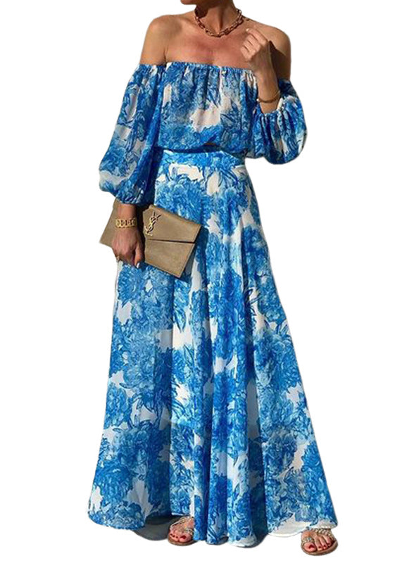 Schickes blaues Baumwollkleid mit Schlitzausschnitt und langen Ärmeln BB051