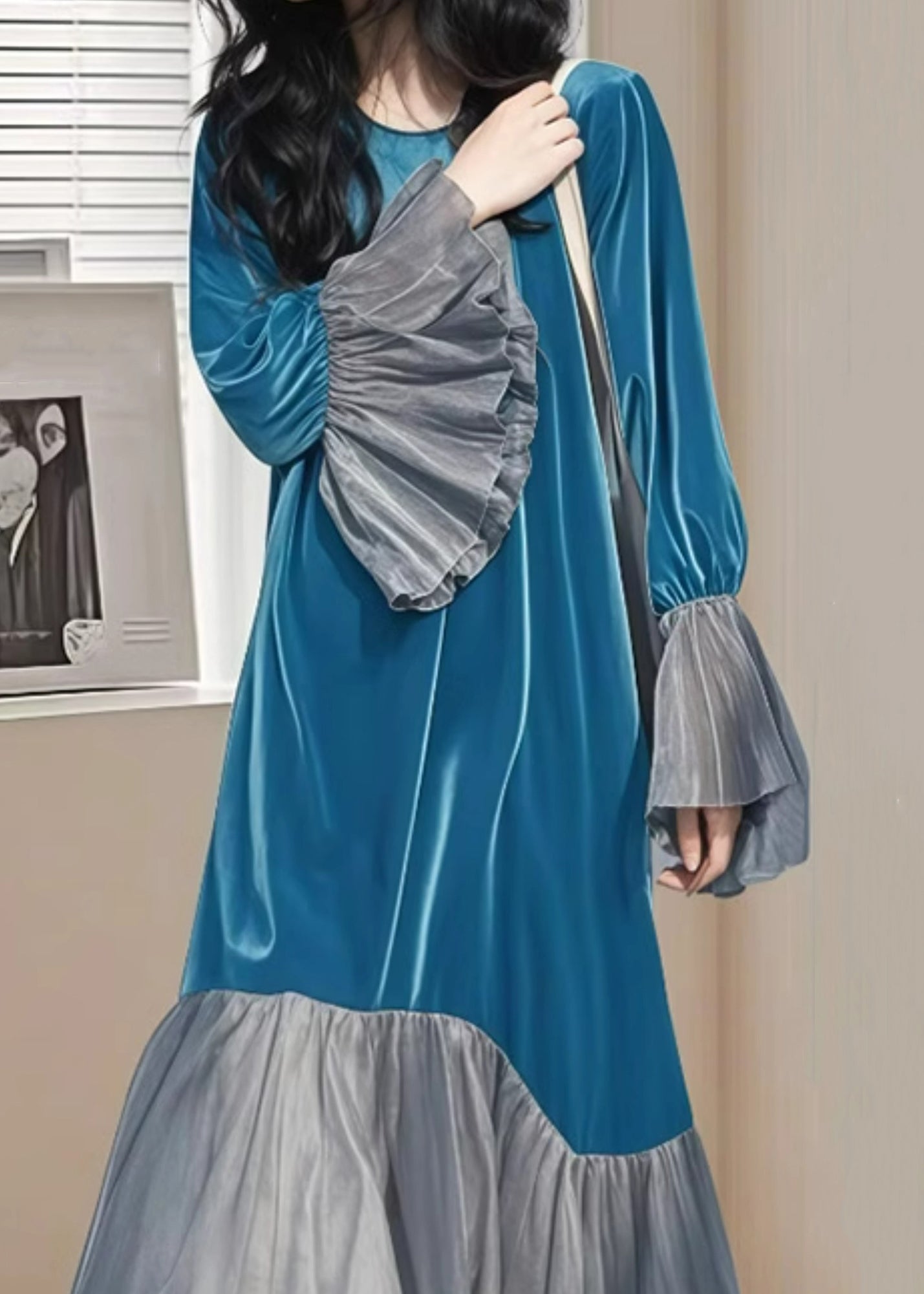 Velvet Sleeve Wrinkled Long Chic Flare Blue Patchwork Dress Silk