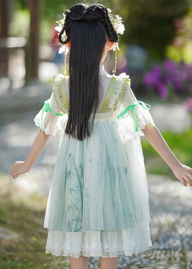Dress Green Ruffled Neck Patchwork Chiffon Chic Maxi Kids V
