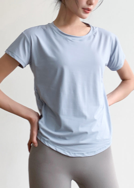 Short Blue Light Yoga Chic Sleeve Tulle Patchwork Top