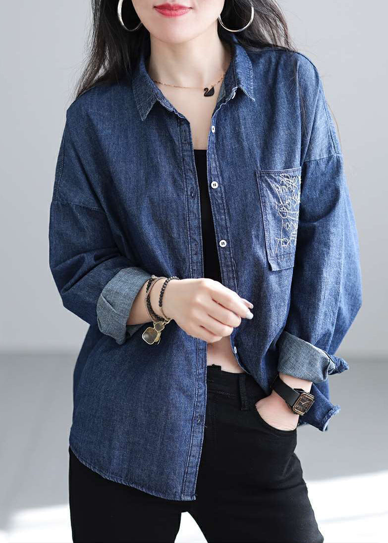 Chic Navy Embroidered Denim Shirt Spring TJ020