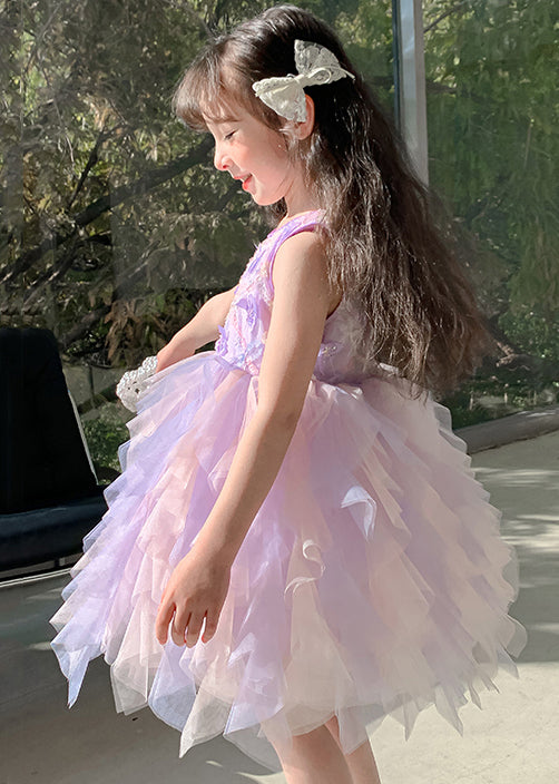 Robe en tulle à col rond et papillons pour filles, sans manches, violette et chic, TT039