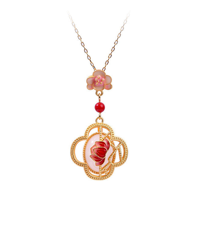 Collier avec pendentif en agate de fleur de lotus en jade incrusté d'or rouge antique chic KX1074