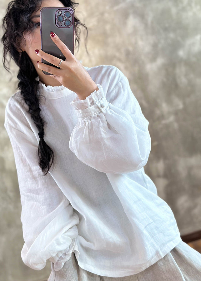 Chic Red Ruffled Linen Blouses Lantern Sleeve YH024