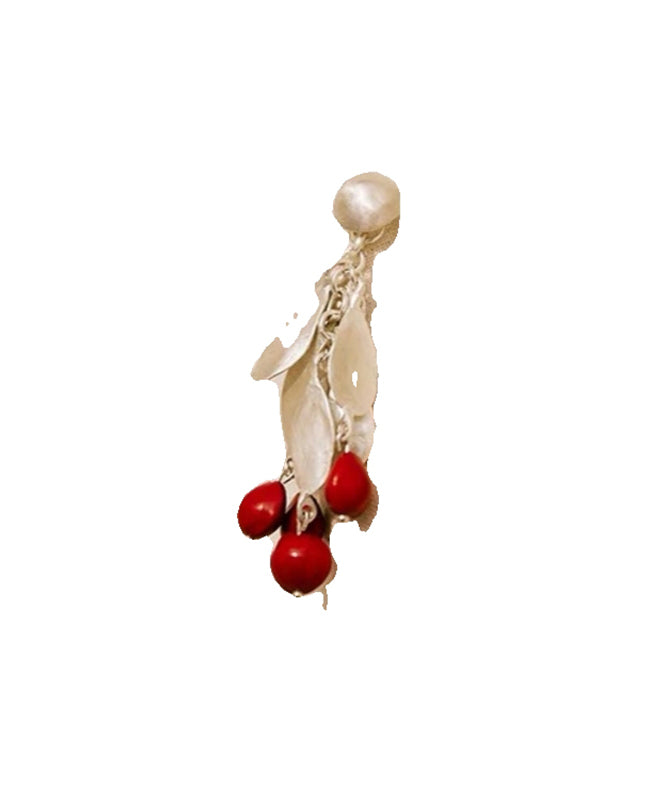 Boucles d'oreilles pendantes chics en alliage d'argent sterling rouge en forme de feuilles PO020