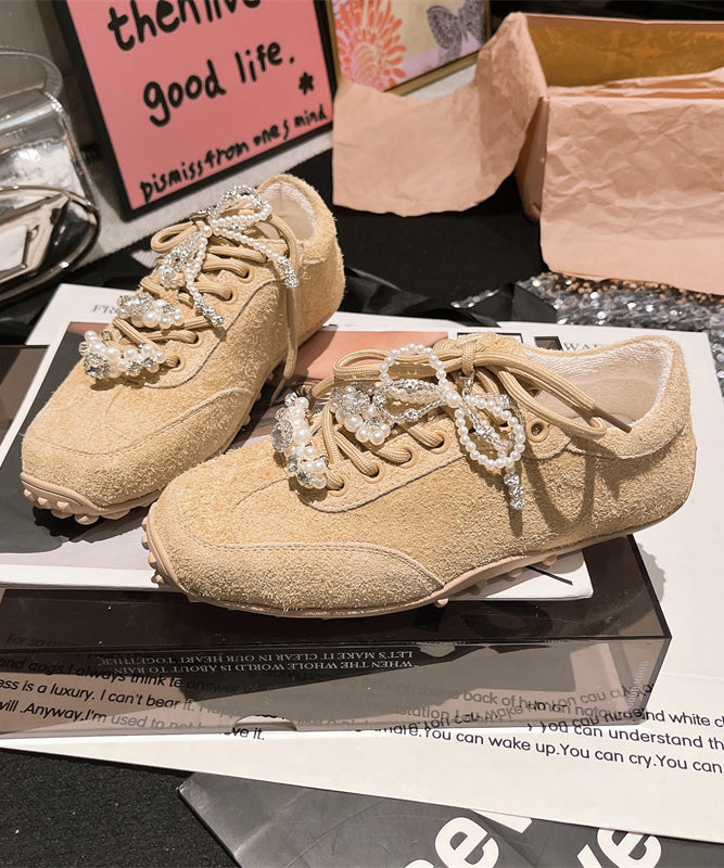 Suede Chic Lace Splicing Zircon Purple Up Pearl Flats