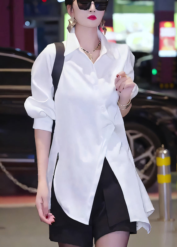 Button Cotton Fall White Chic Asymmetrical Blouses
