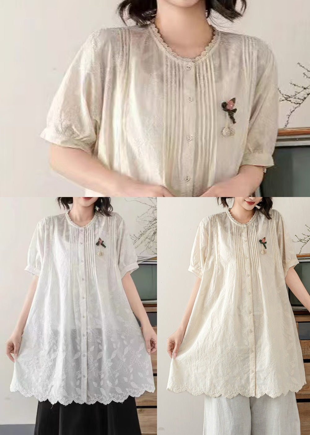 Long Summer Embroidered Cotton White Blouses Chic