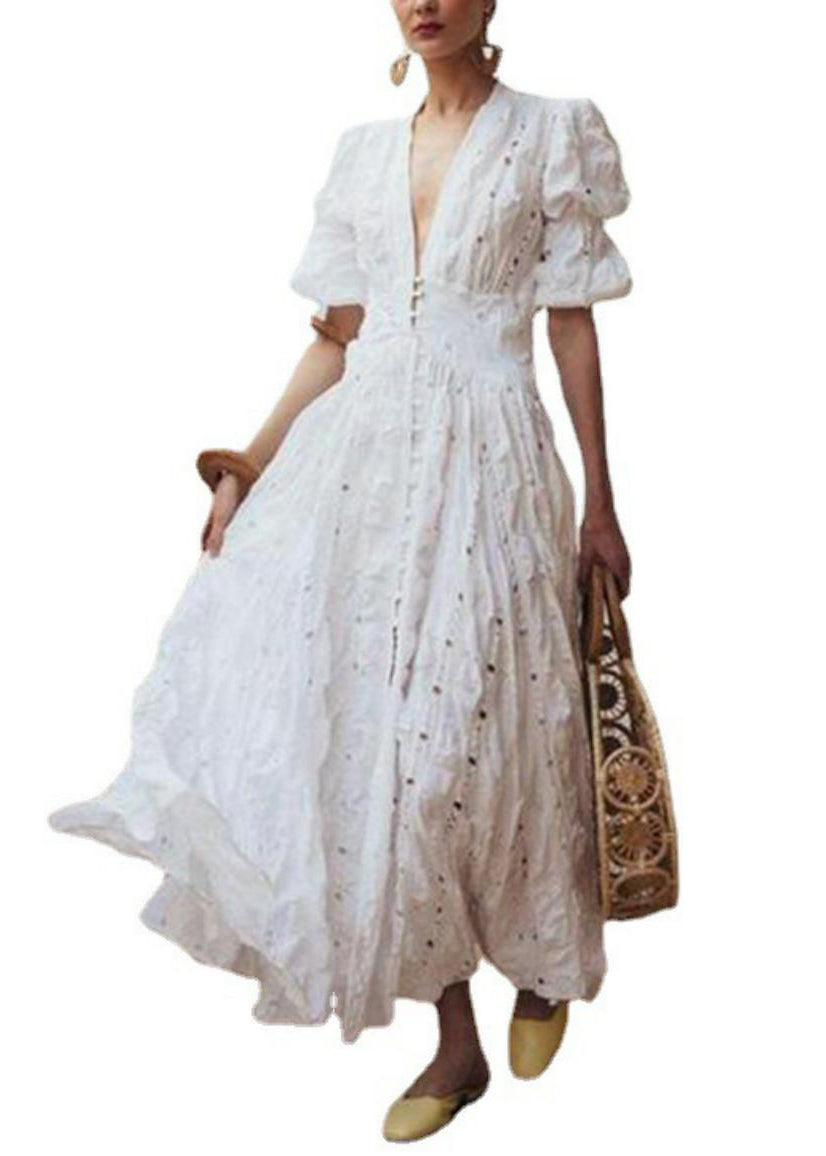 Chic White Puff Sleeve Exra Large Hem Cotton Holiday Dress Spring TL009