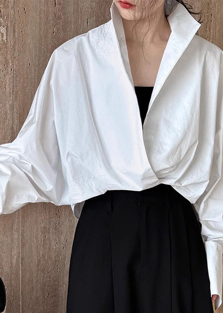 Solid Spring Chic Stand Shirts Collar White