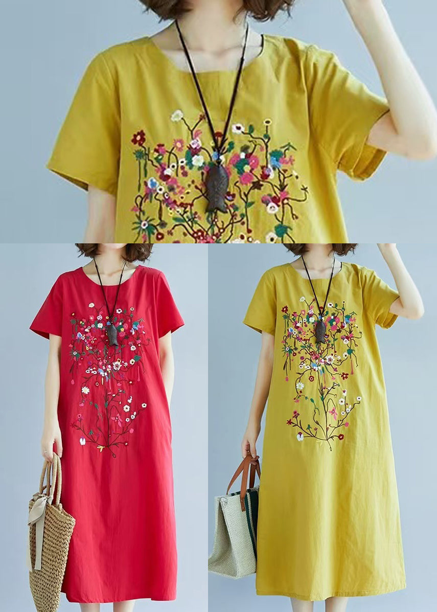 Yellow Fine Chic Embroidered Dress Linen Summer