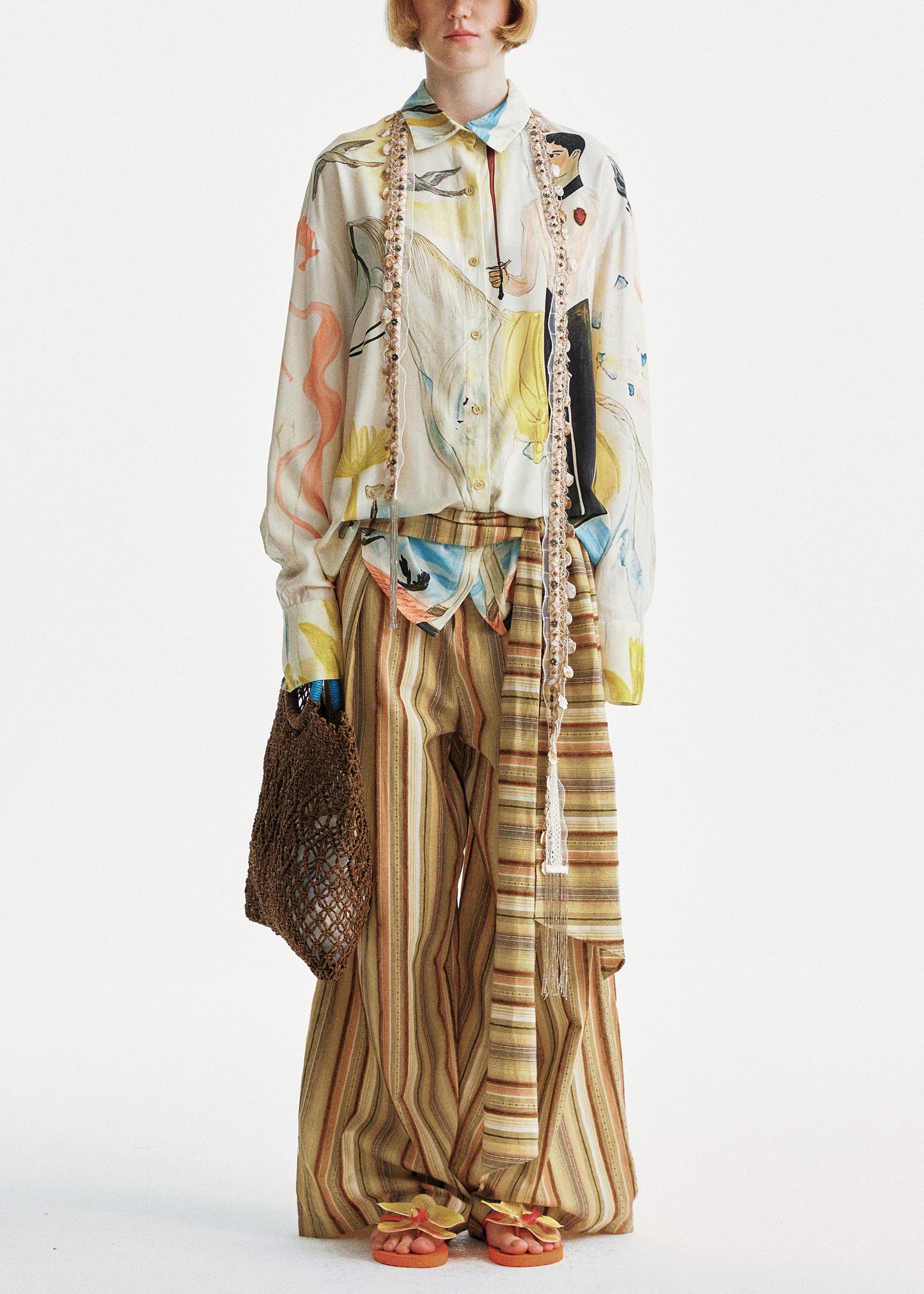 Summer Leg Wide Chic Striped Cotton Pants Yellow