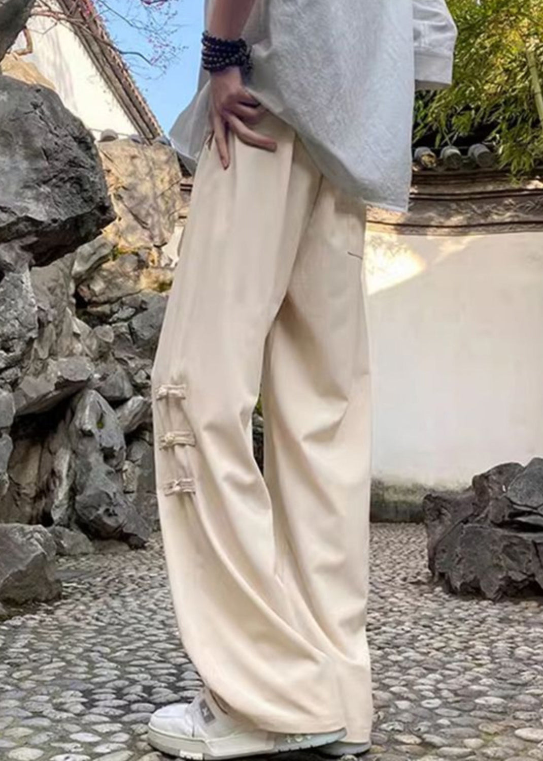 Silk Elastic Waist Chinese Men Apricot Pants Style Button Ice