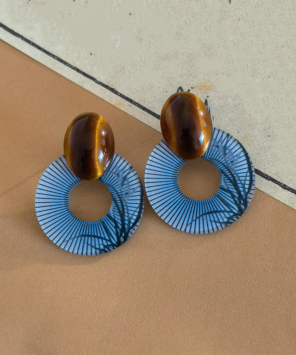 Chinese Amber Style Blue Acrylic Earrings Hoop Alloy