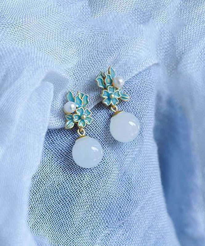 Chinese Style Blue Ancient Gold Jade Pearl Floral Drop Earrings TX014