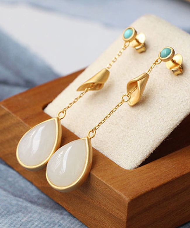 Chinese Style Gold Sterling Silver Overgild Turquoise Jade Water Drop Drop Earrings TX043