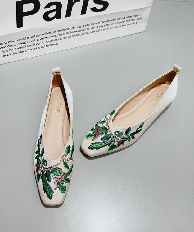 Green Satin Chinese Flat Feet Shoes Style Embroidered