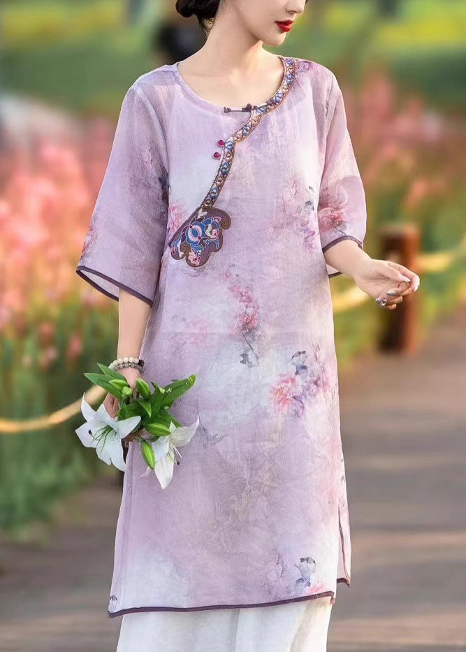 Summer Side Style Linen Pink Dress Embroidered Chinese Open