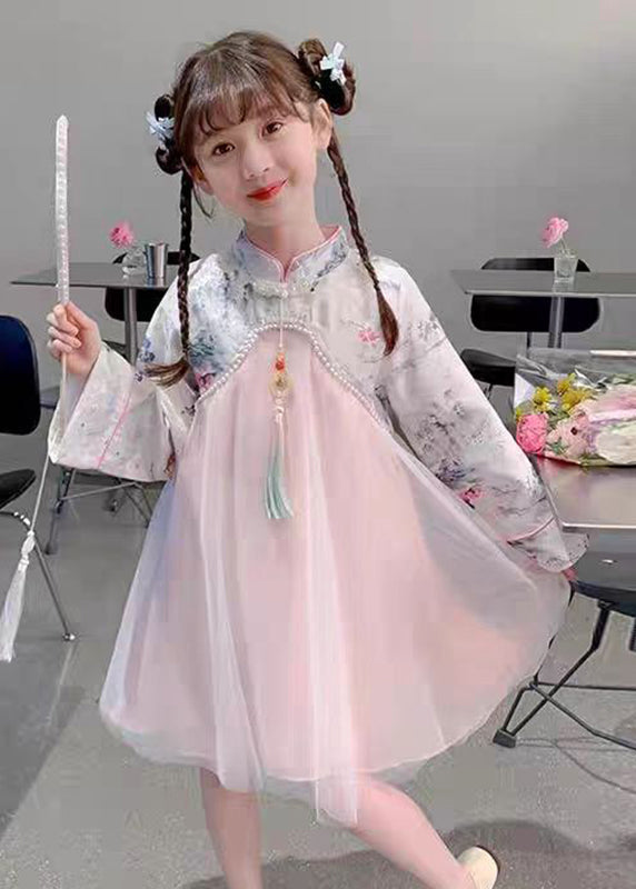 Chinese Collar Stand Pink Style Kids Bead Maxi Tulle Nail Dress
