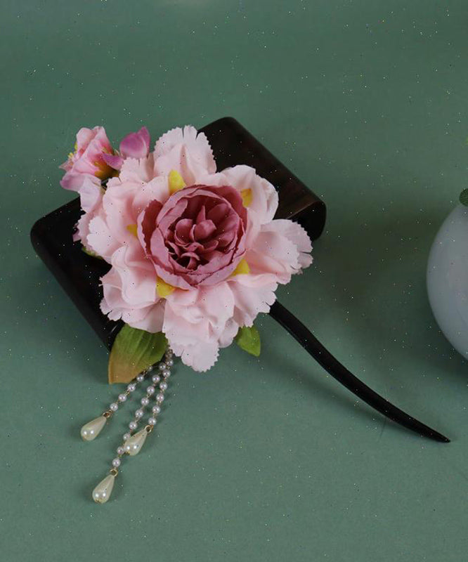 Tassel Wooden Pearl Hairpin Peony Chinese Style Pink