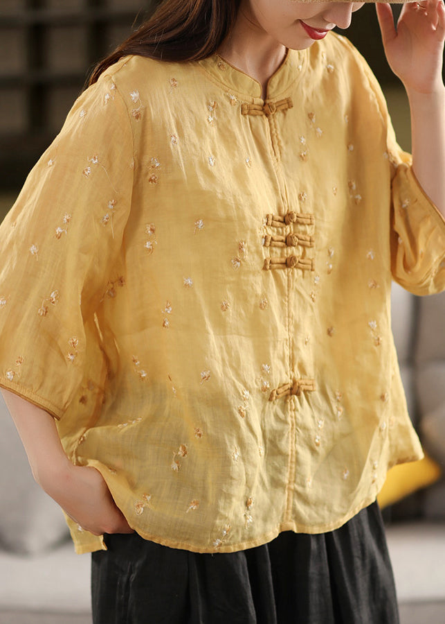 Oriental Summer Chinese Top Linen Embroidered Purple Button Style