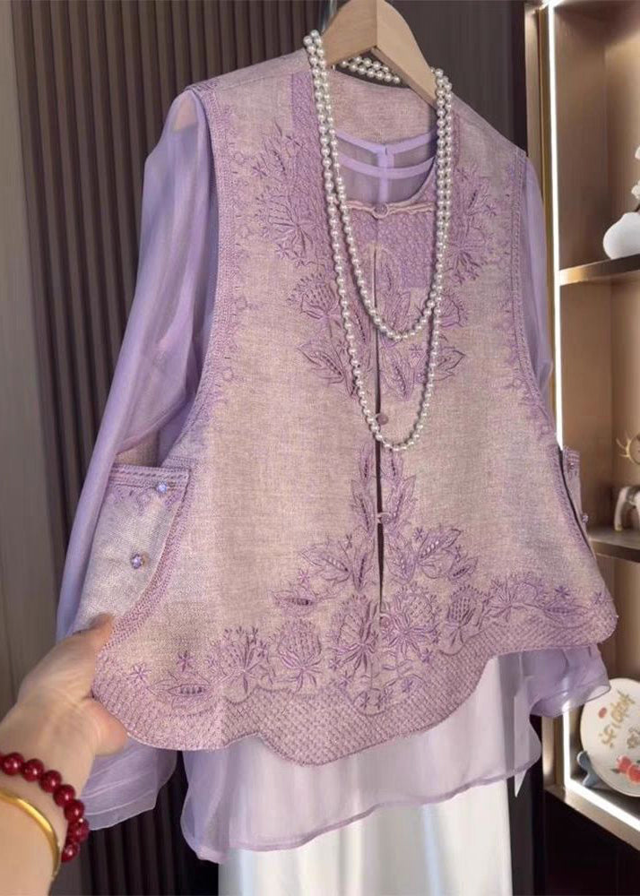 Two-Piece Waistcoat Embroidered Chinese And Set Purple Style Tops