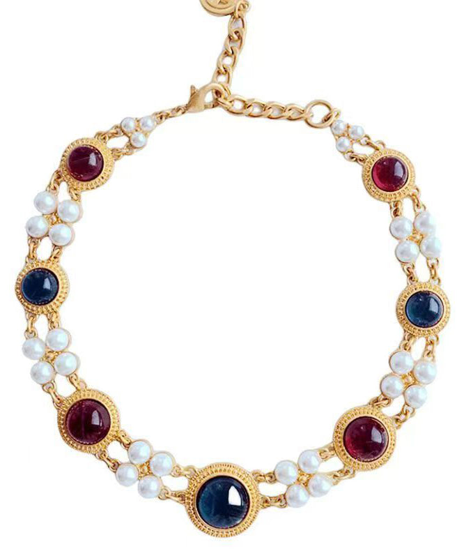 Chinese Style Rainbow Sterling Silver Alloy Pearl Resin Collar Necklace TX034