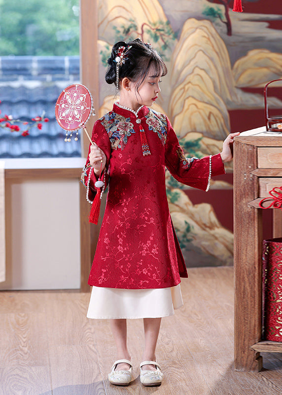 Style Embroideried Kids Maxi Red Dress Nail Bead Spring Chinese