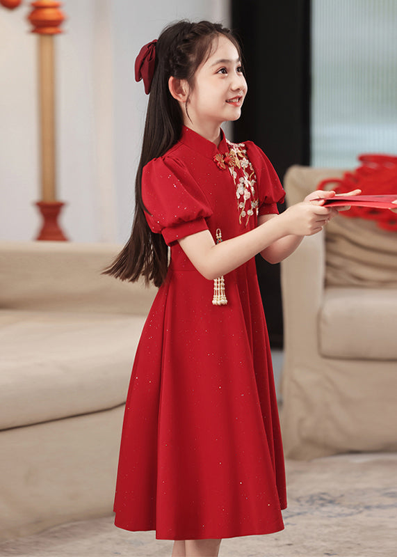 Print Chinese Style Sleeve Long Red Patchwork Puff Kids Dress