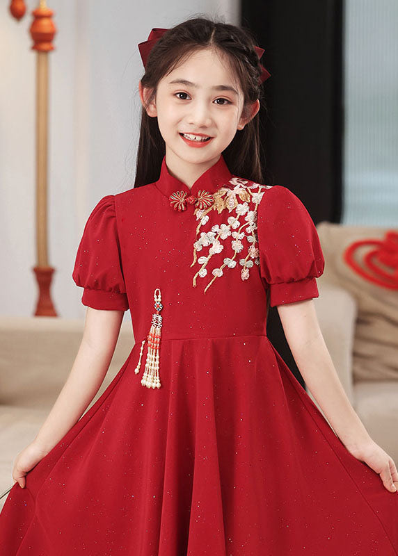 Red Patchwork Short Style Chinese Collar Dresses Girls Stand Maxi