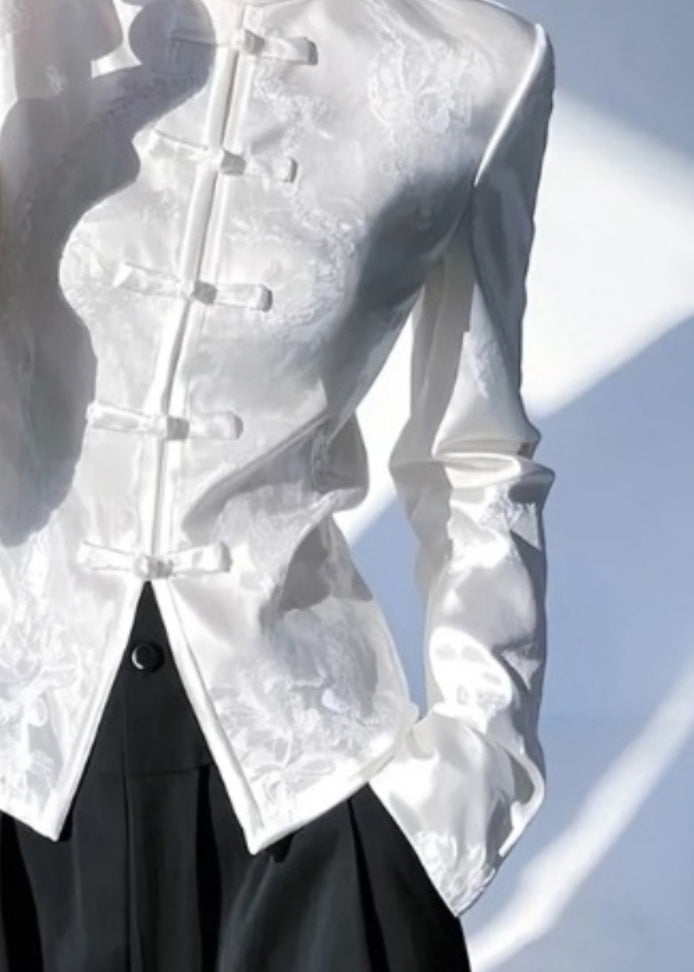 Chinese Style White Stand Collar Oriental Button Silk Shirt Top Spring YZ018