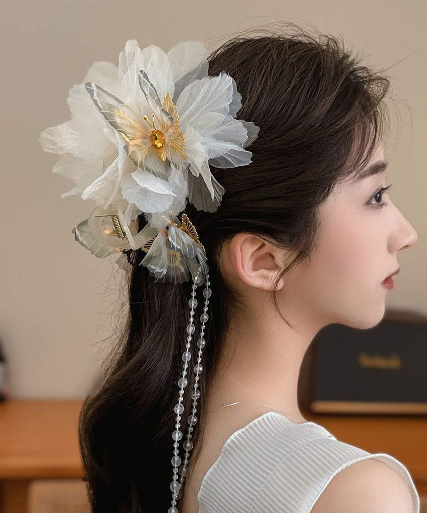Fabric Hairpin Classy Tassel Butterfly Acrylic Zircon Beige
