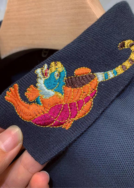 Classy Black Animal Cotton Button Shirts Summer Mens Polo