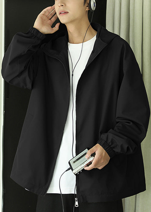 Men Hooded Zippered Black Spring Pockets Classy Cotton Coat