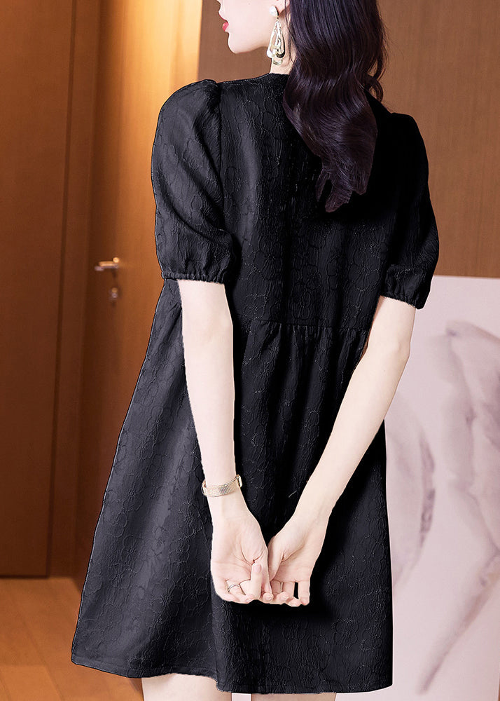 Cotton Summer Classy Black Neck Dresses O Embroidered