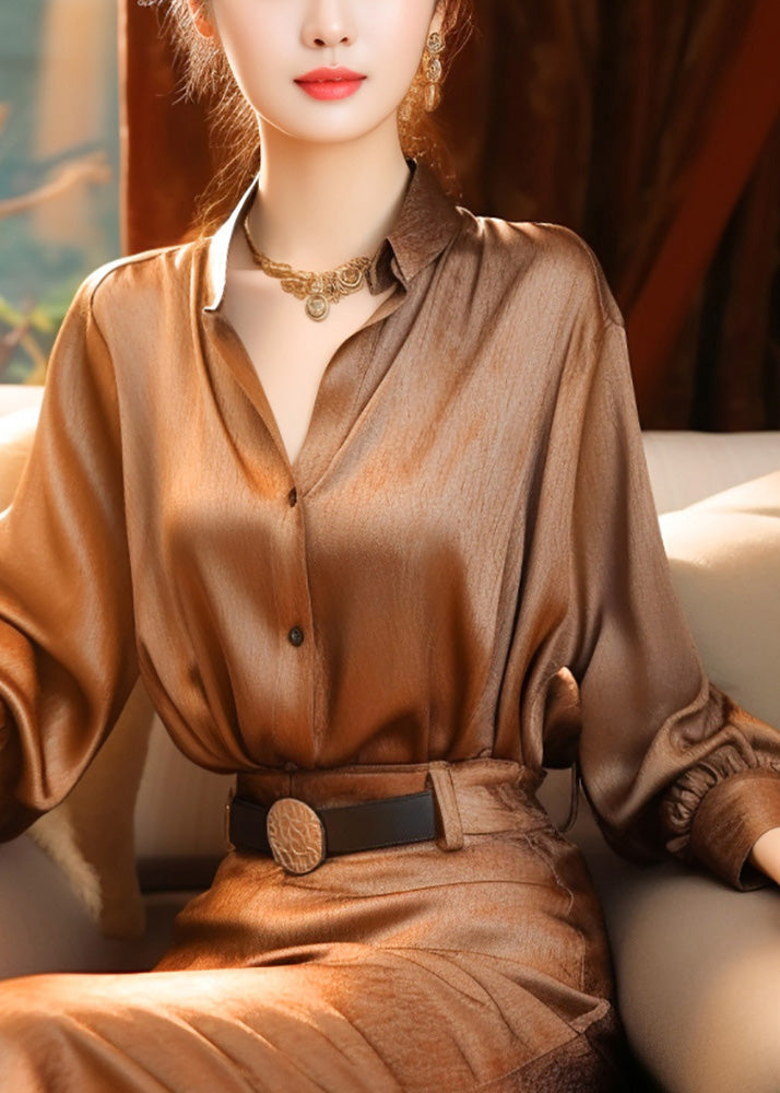 Brown Lantern Collar Button Top Stand Blouse Classy Sleeve Silk