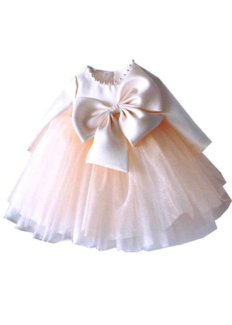 Classy Champagne Patchwork Bow Tulle Kids Long Dress Spring YS041