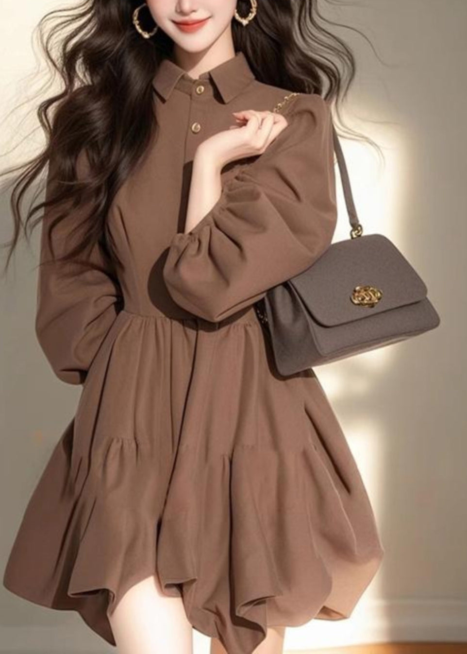 Button Peter Classy Coffee Mid Dress Patchwork Collar Pan Half