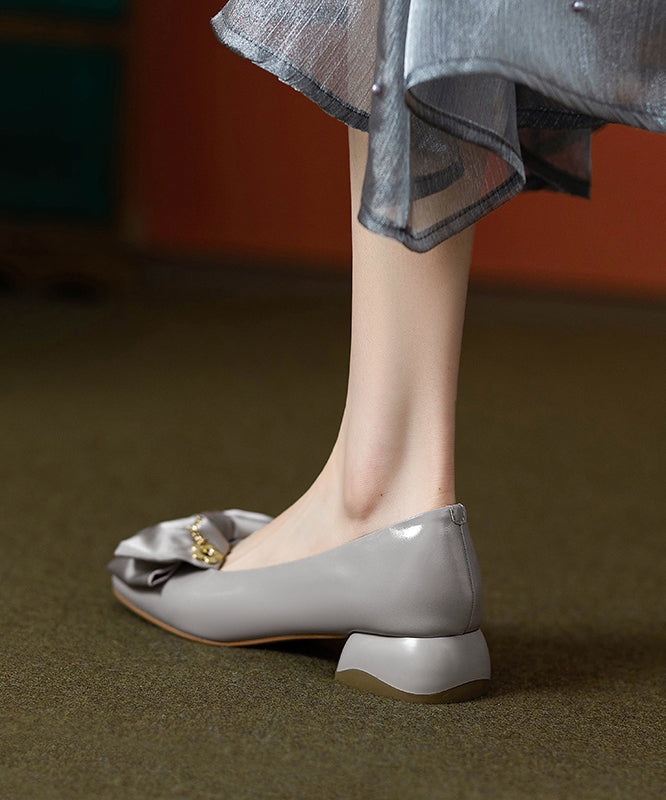 Leather Grey Cowhide Flat Splicing Chunky Bow Shoes Classy