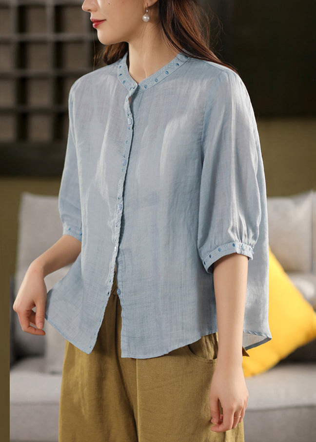 Linen Half Grey Button Classy Sleeve Embroidered Blouses