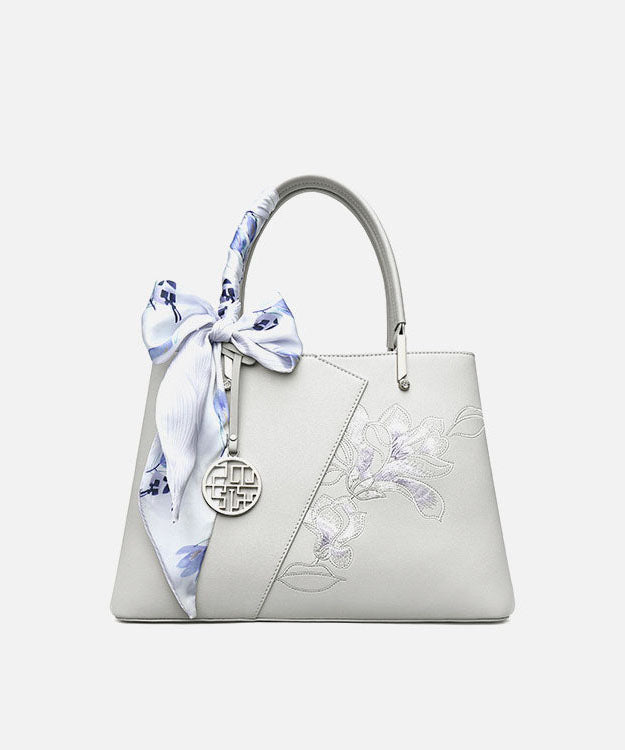 Leather Classy Grey Tote Bag Embroidery Calf