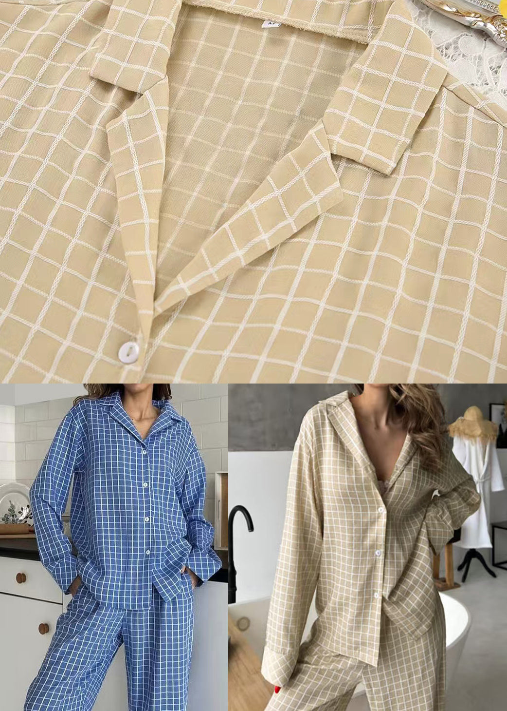 Pajama Fall Plaid Oversized Cotton Khaki Classy Sets